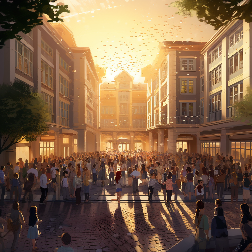 A thriving city with people in a courtyard at sunset