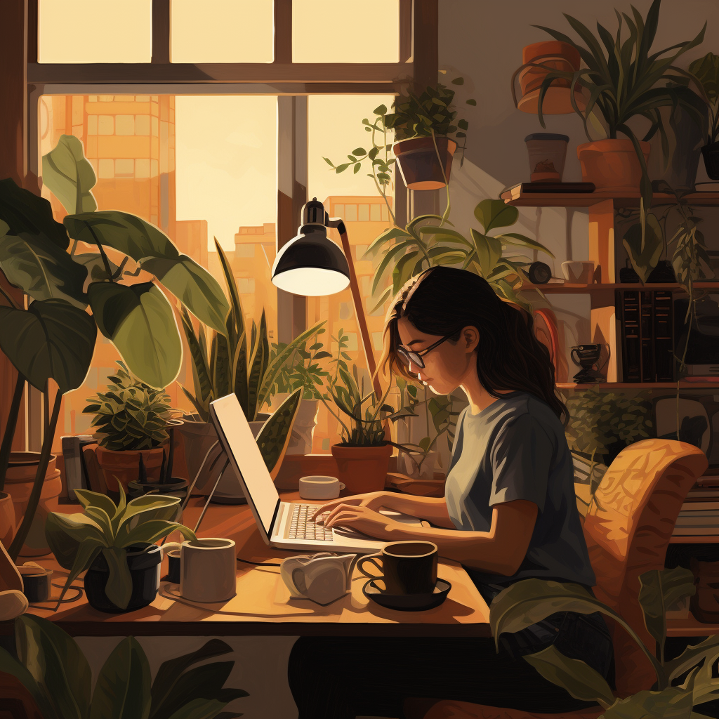 a woman working on a computer in a room full of plants