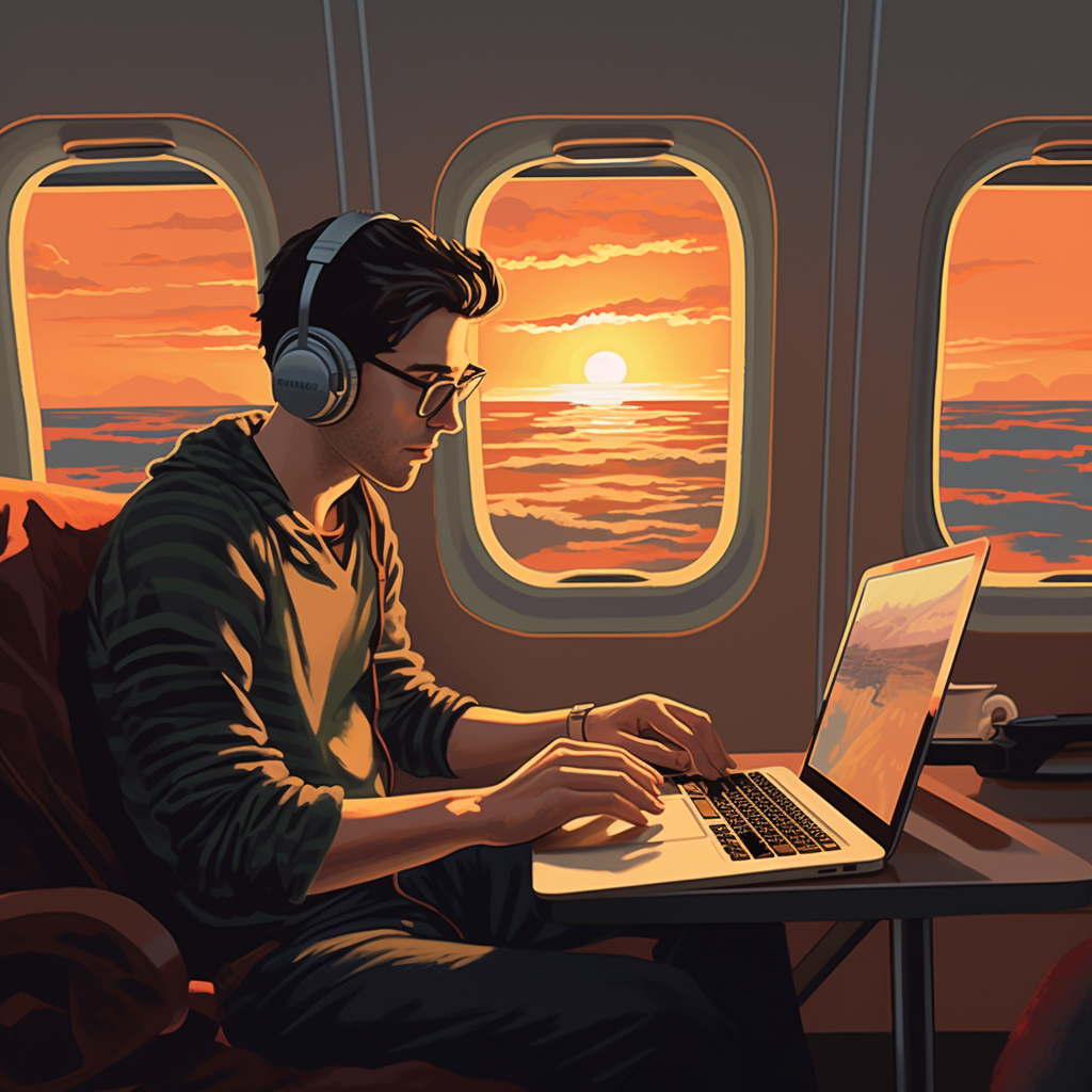 A man working on a laptop on a plane