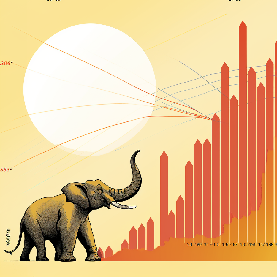 An Elephant raising it's trunk with an image of the sun and a bar graph behind it.